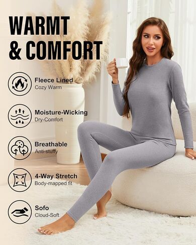 2 Sets Thermal Underwear for Women Long Johns With Fleece Lined Long Sleeve Top & Bottom Base Layer Cold Weather in Saudi Arabia