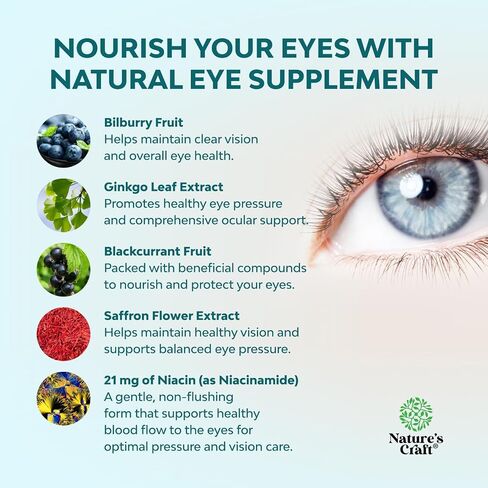 Eye Pressure Support with Bilberry Extract - Vegan Eye Health Supplement for Adults For Ocular Pressure Relief with Saffron Ginkgo Niacin and More Vitamins Vision Support (1 Month Supply) in Saudi Arabia