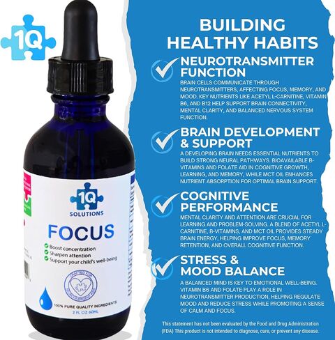1Q Focus – Liquid Cognitive & Brain Support Drops for Kids | Acetyl L-Carnitine + B1, B6, B12 & Folate | Sugar-Free, Vegan, Non-GMO, Gluten-Free | Advanced Absorption | 2 fl oz 30 Servings in Saudi Arabia