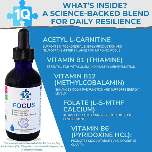 1Q Focus – Liquid Cognitive & Brain Support Drops for Kids | Acetyl L-Carnitine + B1, B6, B12 & Folate | Sugar-Free, Vegan, Non-GMO, Gluten-Free | Advanced Absorption | 2 fl oz 30 Servings in Saudi Arabia