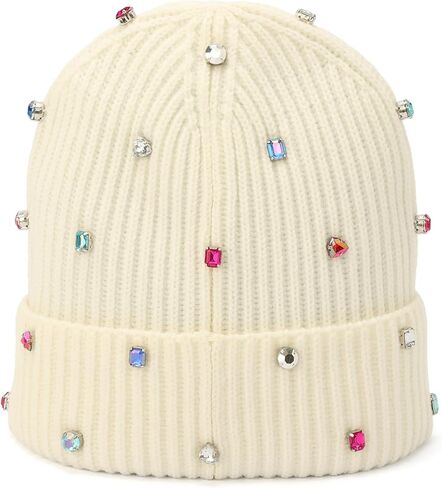 kate spade new york Women's Embellished Beanie, Winter Knit Hat, Wool Blend, Cream Multi, OS in Saudi Arabia