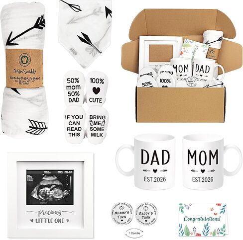 Pregnancy Gifts for New Parents Est 2025- New Mom Gifts Basket for Pregnancy Announcement, Baby Shower - Mom & Dad Mugs, Decision Coin, Ultrasound Frame, Swaddle Blanket, Bib, Socks in Saudi Arabia