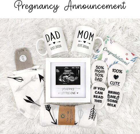 Pregnancy Gifts for New Parents Est 2025- New Mom Gifts Basket for Pregnancy Announcement, Baby Shower - Mom & Dad Mugs, Decision Coin, Ultrasound Frame, Swaddle Blanket, Bib, Socks in Saudi Arabia