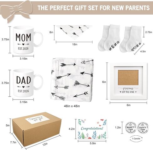 Pregnancy Gifts for New Parents Est 2025- New Mom Gifts Basket for Pregnancy Announcement, Baby Shower - Mom & Dad Mugs, Decision Coin, Ultrasound Frame, Swaddle Blanket, Bib, Socks in Saudi Arabia