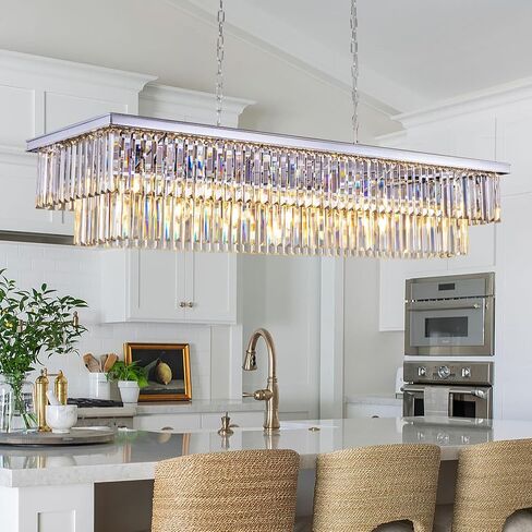 Wellmet Black Chandelier 57 inch, 13-Light Modern Rectangular Crystal Chandelier Ceiling Hanging, Smoke Grey Linear Chandeliers Light Fixture for Living Room, Dining Room, Bedroom, Kitchen Island in Kuwait