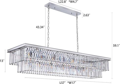 Wellmet Black Chandelier 57 inch, 13-Light Modern Rectangular Crystal Chandelier Ceiling Hanging, Smoke Grey Linear Chandeliers Light Fixture for Living Room, Dining Room, Bedroom, Kitchen Island in Kuwait