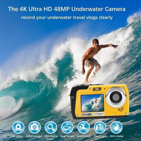 4K Underwater Camera, Full HD 4K&48MP Compact Floatable Camera, 10FT Waterproof Camera for Snorkeling, Surfing, Rafting, Dual-Screen for Selfie/16X Digital Zoom/Fill Light/Support 128GB Card(Blue) in Saudi Arabia