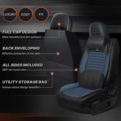 أغطية مقاعد السيارة مناسبة لسيارة Toyota Tundra 2000-2025 - وسادة جلدية قابلة للتنفس، مجموعة أمامية فاخرة للتبريد، مضادة للانزلاق وتصميم ممتاز (أسود وأزرق) in Kuwait