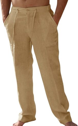 Mens Casual Linen Pants Loose Fit Elastic Drawstring Waist Straight-Legs Summer Yoga Beach Long Pants A-Khaki in Saudi Arabia