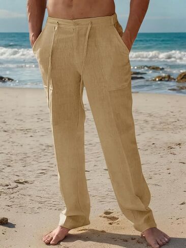 Mens Casual Linen Pants Loose Fit Elastic Drawstring Waist Straight-Legs Summer Yoga Beach Long Pants A-Khaki in Saudi Arabia