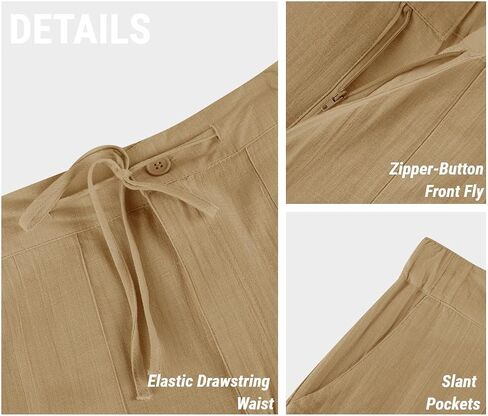 Mens Casual Linen Pants Loose Fit Elastic Drawstring Waist Straight-Legs Summer Yoga Beach Long Pants A-Khaki in Saudi Arabia
