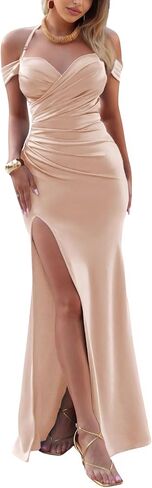 Women Off The Shoulder Formal Evening Gown Built-in Bra Slit Sleeveless Ruched Fall Stain Cocktail Maxi Long Dress in Saudi Arabia