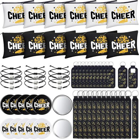 60 Pcs Cheerleader Gifts Bulk Cheer Team Gifts for Women Girls with Cheerleader Cosmetic Bags Makeup Mirror Bracelets Lipstick Holder Keychains Lanyard Cheer Team Party Favors(Black Gold) in Saudi Arabia