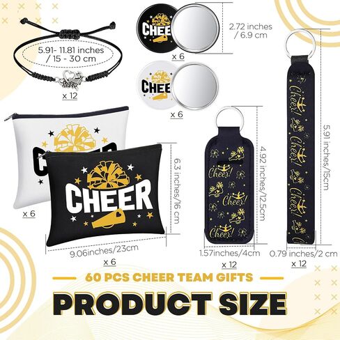 60 Pcs Cheerleader Gifts Bulk Cheer Team Gifts for Women Girls with Cheerleader Cosmetic Bags Makeup Mirror Bracelets Lipstick Holder Keychains Lanyard Cheer Team Party Favors(Black Gold) in Saudi Arabia