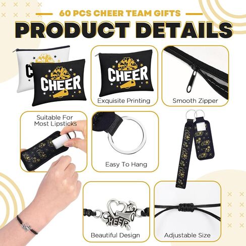 60 Pcs Cheerleader Gifts Bulk Cheer Team Gifts for Women Girls with Cheerleader Cosmetic Bags Makeup Mirror Bracelets Lipstick Holder Keychains Lanyard Cheer Team Party Favors(Black Gold) in Saudi Arabia