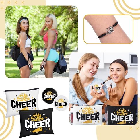 60 Pcs Cheerleader Gifts Bulk Cheer Team Gifts for Women Girls with Cheerleader Cosmetic Bags Makeup Mirror Bracelets Lipstick Holder Keychains Lanyard Cheer Team Party Favors(Black Gold) in Saudi Arabia