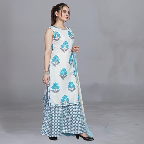 Elegant Floral Print Sleeveless Kurta with Matching Sharara & Dupatta | Stylish Festive & Ethnic Wear for Women in Saudi Arabia