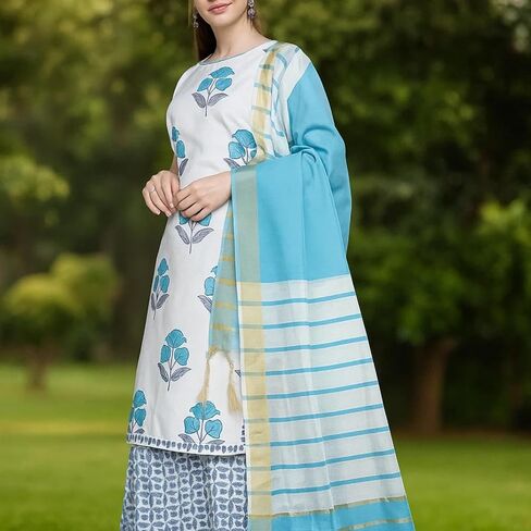Elegant Floral Print Sleeveless Kurta with Matching Sharara & Dupatta | Stylish Festive & Ethnic Wear for Women in Saudi Arabia