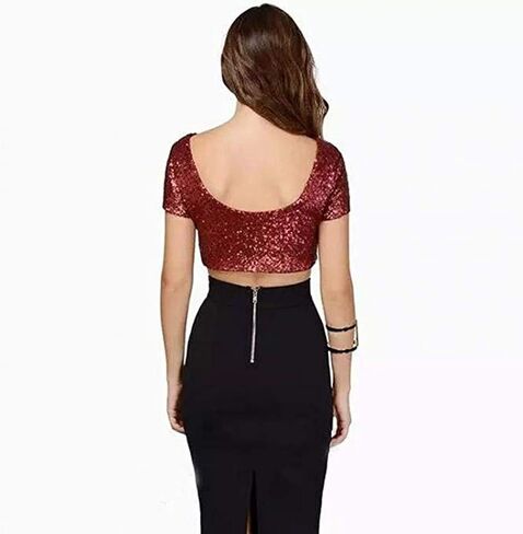 Heevina Sequin Crop Tops For Women Short Sleeve Boat Neck Sparkly Shirt Sequins Glitter Party Blouse in Saudi Arabia