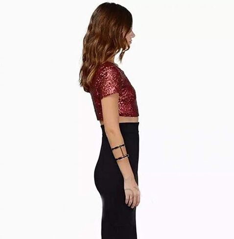 Heevina Sequin Crop Tops For Women Short Sleeve Boat Neck Sparkly Shirt Sequins Glitter Party Blouse in Saudi Arabia