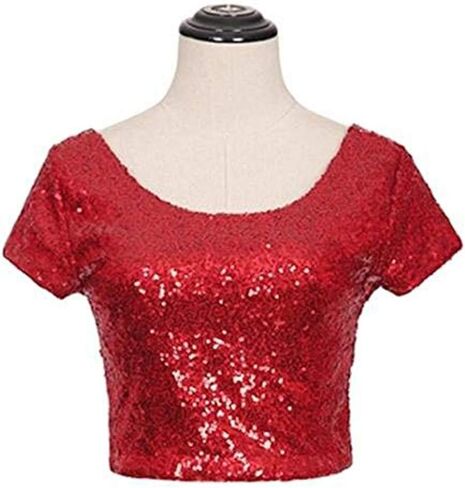 Heevina Sequin Crop Tops For Women Short Sleeve Boat Neck Sparkly Shirt Sequins Glitter Party Blouse in Saudi Arabia