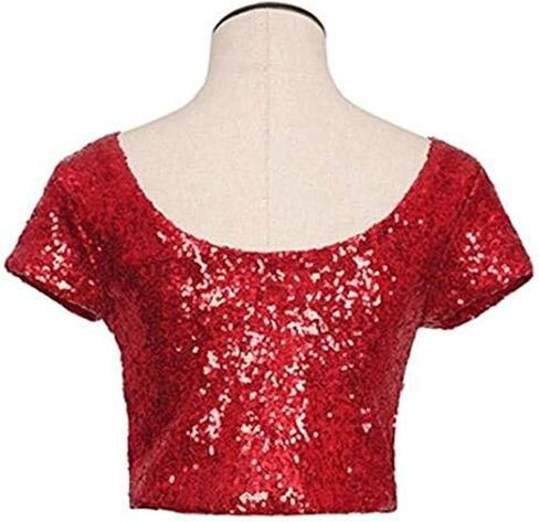 Heevina Sequin Crop Tops For Women Short Sleeve Boat Neck Sparkly Shirt Sequins Glitter Party Blouse in Saudi Arabia