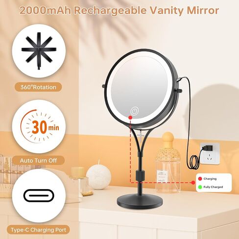 Lighted Makeup Mirror with Magnification, 1x/10x Magnifying Mirror with 3 Color and Blessed Cross, 7" Rechargeable Brightness Dimmable Height Adjustable Vanity Mirror, Christian Women Gift in Saudi Arabia