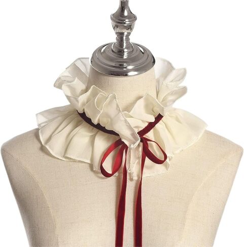 Decorative Ruffle Collar Retro Palace Ruffle Neck Scarf with Red Velvet Ties Steampunk Costume Accessory in Saudi Arabia