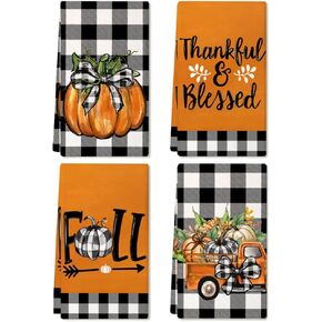 ARKENY Fall Kitchen Towels Set of 2,Black Buffalo Check Bowknot Pumpkin Autumn Dish Towels 18x26 Inch Drying Dishcloth,Farmhouse Home Decoration AD131 in Kuwait