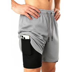 Men's 2 in 1 Workout Running Shorts with Zipper Pockets Lightweight Training Yoga Gym Short Grayish+Black M in Kuwait