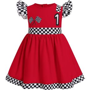 ODASDO Baby Girl Toddler Kids Racing Car 1st 2nd Birthday Outfit Checkered Flutter Sleeve A-line Ruffle Dress in Kuwait