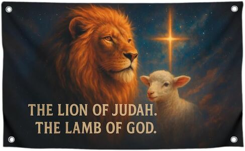 3x5 Feet Religion Flag with Animals and Bible Quote "The Lion Of Judah. The Lamb Of God" with Four Brass Grommets - Polyester Durable Banners for Wall Decoration - Single Sided Tapestry Flags for Gift in Saudi Arabia