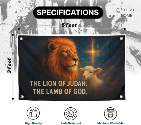 3x5 Feet Religion Flag with Animals and Bible Quote "The Lion Of Judah. The Lamb Of God" with Four Brass Grommets - Polyester Durable Banners for Wall Decoration - Single Sided Tapestry Flags for Gift in Saudi Arabia