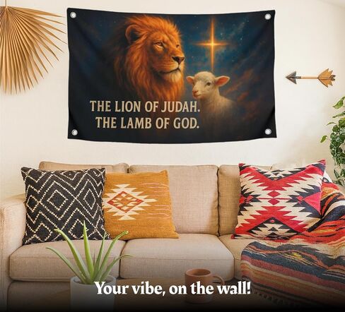 3x5 Feet Religion Flag with Animals and Bible Quote "The Lion Of Judah. The Lamb Of God" with Four Brass Grommets - Polyester Durable Banners for Wall Decoration - Single Sided Tapestry Flags for Gift in Saudi Arabia