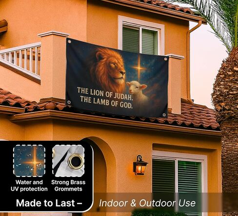 3x5 Feet Religion Flag with Animals and Bible Quote "The Lion Of Judah. The Lamb Of God" with Four Brass Grommets - Polyester Durable Banners for Wall Decoration - Single Sided Tapestry Flags for Gift in Saudi Arabia