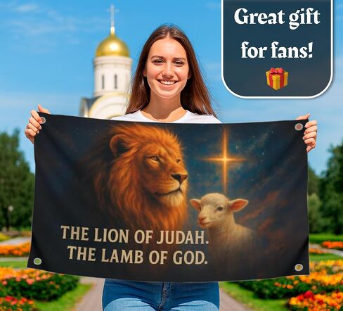 3x5 Feet Religion Flag with Animals and Bible Quote "The Lion Of Judah. The Lamb Of God" with Four Brass Grommets - Polyester Durable Banners for Wall Decoration - Single Sided Tapestry Flags for Gift in Saudi Arabia