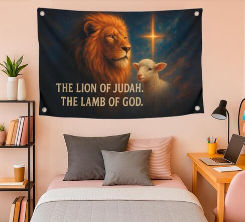 3x5 Feet Religion Flag with Animals and Bible Quote "The Lion Of Judah. The Lamb Of God" with Four Brass Grommets - Polyester Durable Banners for Wall Decoration - Single Sided Tapestry Flags for Gift in Saudi Arabia