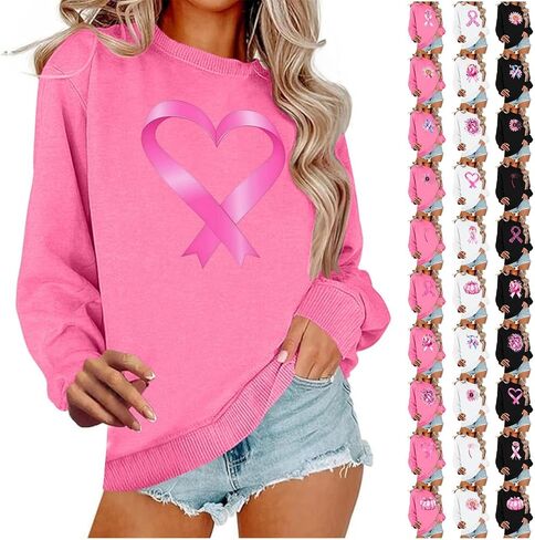 Breast Cancer Sweatshirts for Women - Pink Ribbon Heart Crewneck Pullover Long Sleeve Casual Awareness Support Tops in Saudi Arabia
