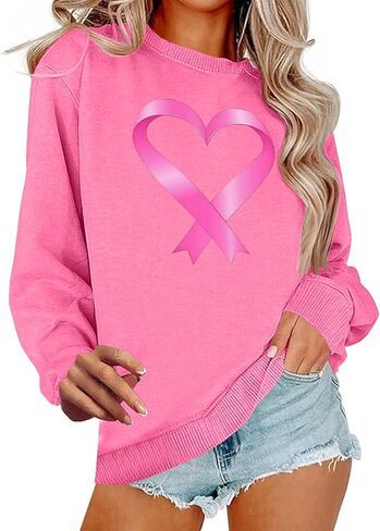 Breast Cancer Sweatshirts for Women - Pink Ribbon Heart Crewneck Pullover Long Sleeve Casual Awareness Support Tops in Saudi Arabia