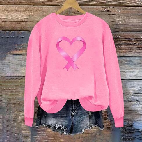 Breast Cancer Sweatshirts for Women - Pink Ribbon Heart Crewneck Pullover Long Sleeve Casual Awareness Support Tops in Saudi Arabia