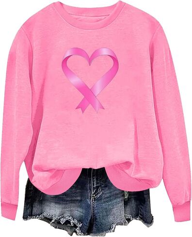 Breast Cancer Sweatshirts for Women - Pink Ribbon Heart Crewneck Pullover Long Sleeve Casual Awareness Support Tops in Saudi Arabia