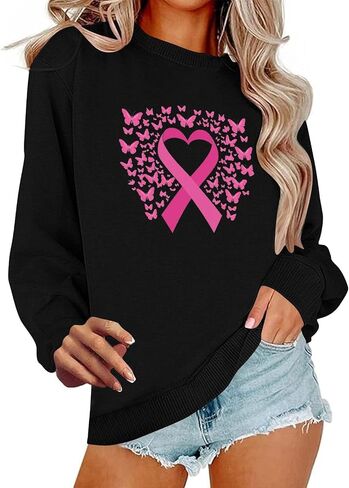 Breast Cancer Sweatshirts for Women - Pink Ribbon Heart Crewneck Pullover Long Sleeve Casual Awareness Support Tops in Saudi Arabia