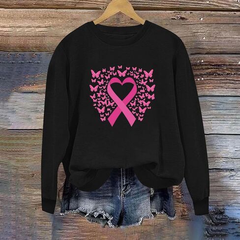 Breast Cancer Sweatshirts for Women - Pink Ribbon Heart Crewneck Pullover Long Sleeve Casual Awareness Support Tops in Saudi Arabia
