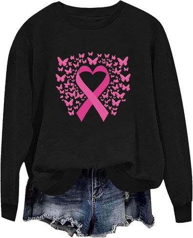 Breast Cancer Sweatshirts for Women - Pink Ribbon Heart Crewneck Pullover Long Sleeve Casual Awareness Support Tops in Saudi Arabia