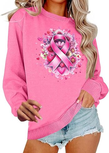 Breast Cancer Sweatshirts for Women - Pink Ribbon Heart Crewneck Pullover Long Sleeve Casual Awareness Support Tops in Saudi Arabia