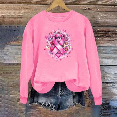 Breast Cancer Sweatshirts for Women - Pink Ribbon Heart Crewneck Pullover Long Sleeve Casual Awareness Support Tops in Saudi Arabia