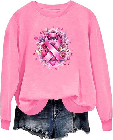 Breast Cancer Sweatshirts for Women - Pink Ribbon Heart Crewneck Pullover Long Sleeve Casual Awareness Support Tops in Saudi Arabia
