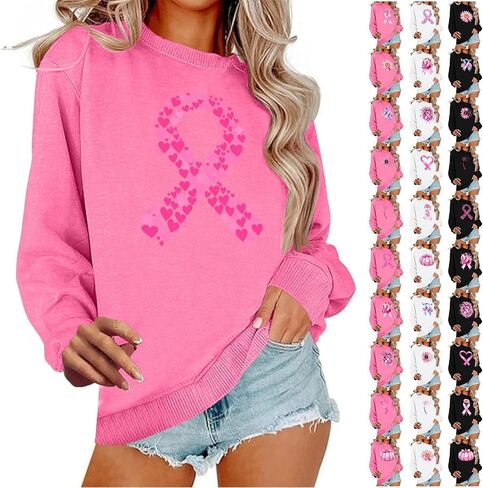 Breast Cancer Sweatshirts for Women - Pink Ribbon Heart Crewneck Pullover Long Sleeve Casual Awareness Support Tops in Saudi Arabia