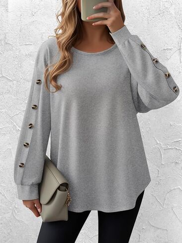 Plus Size Women's Lantern Long Sleeve Sweatshirt Stylish Buttons Decoration Blouse Top in Saudi Arabia