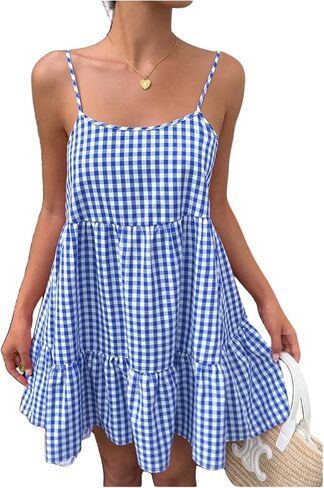 SweatyRocks Women's Summer Gingham Dresses Backless Spaghetti Strap Loose Ruffle Mini Vacation Dress in Saudi Arabia